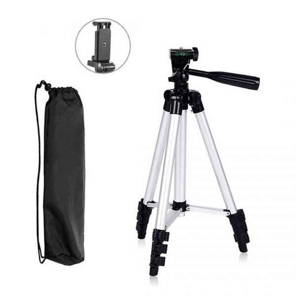 Portable and Foldable Camera - Tripod with Mobile Clip Holder Bracket, Stand with 3-D with Selfie Beauty LED Ring Flash Night Light for All Smartphones Head 150 gm (Black)